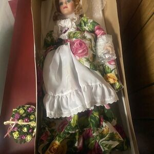 Floral Porcelain Doll with White Dress